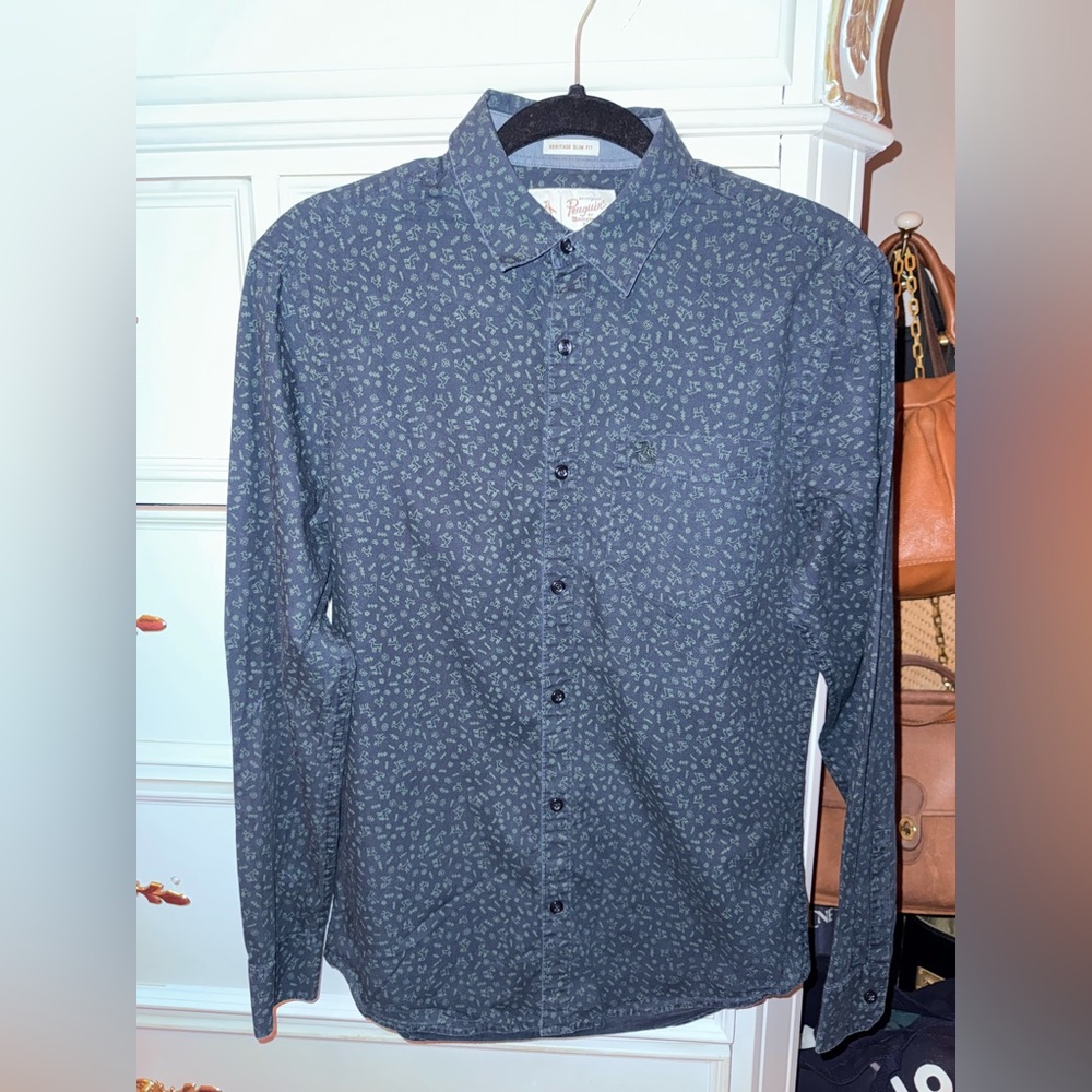 Original Penguin Slim Fit Blue Print Button Down Shirt, Size small